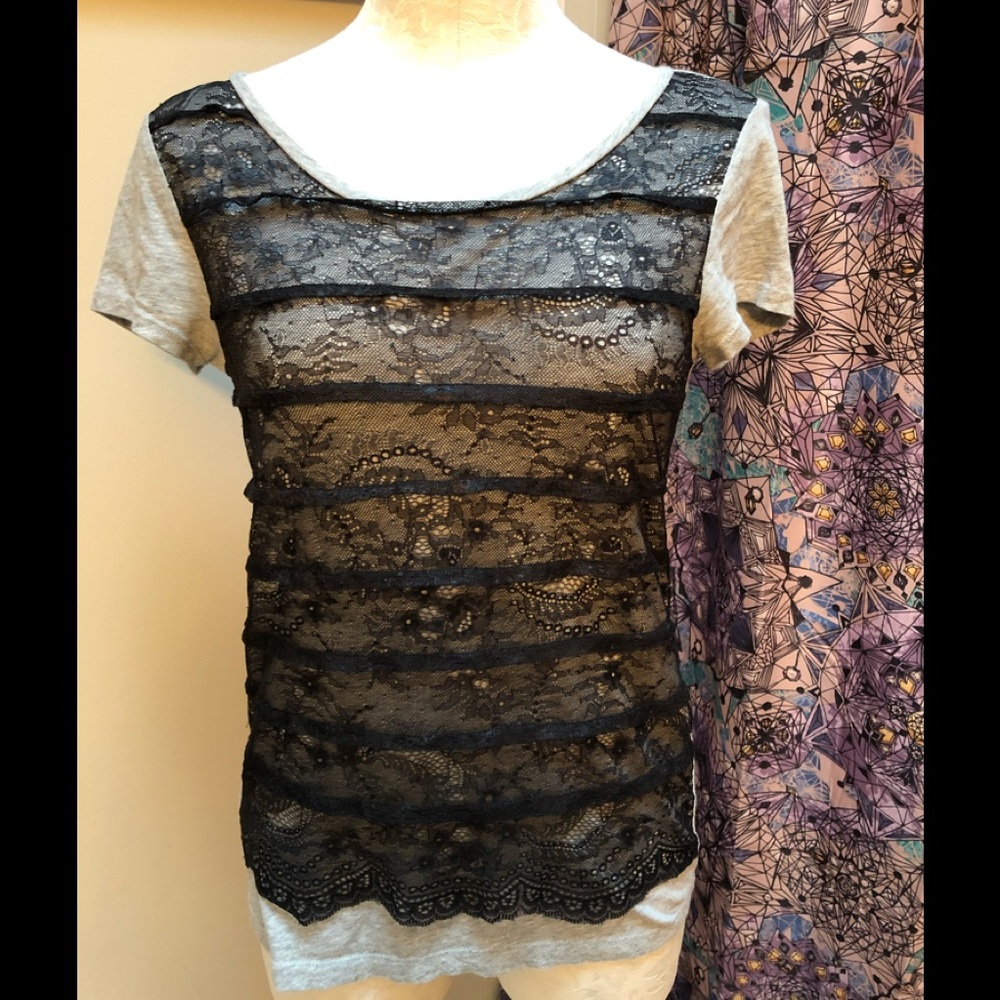 Ann Taylor Loft grey tee with black lace front